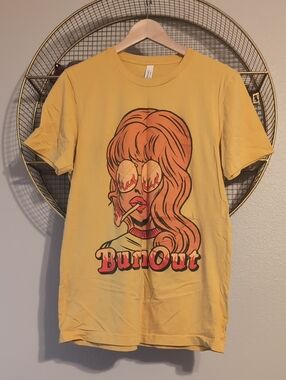 Wicked Clothes Yellow 'BurnOut' Graphic Tee with Retro Girl Print, Sz M